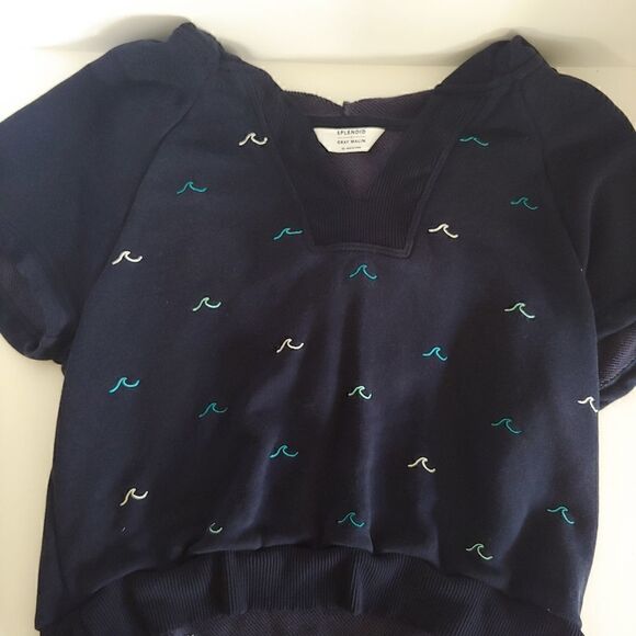 Splendid X Gray Malin Short Sleeve Wave Embroidered Active Hoodie Navy Size XS - Picture 4 of 7